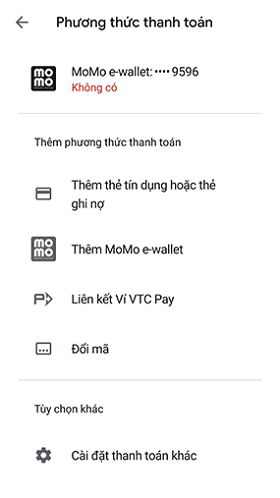 Phương thức thanh toán Ví MoMo trên Google Play hiển thị Không có / Unavailable